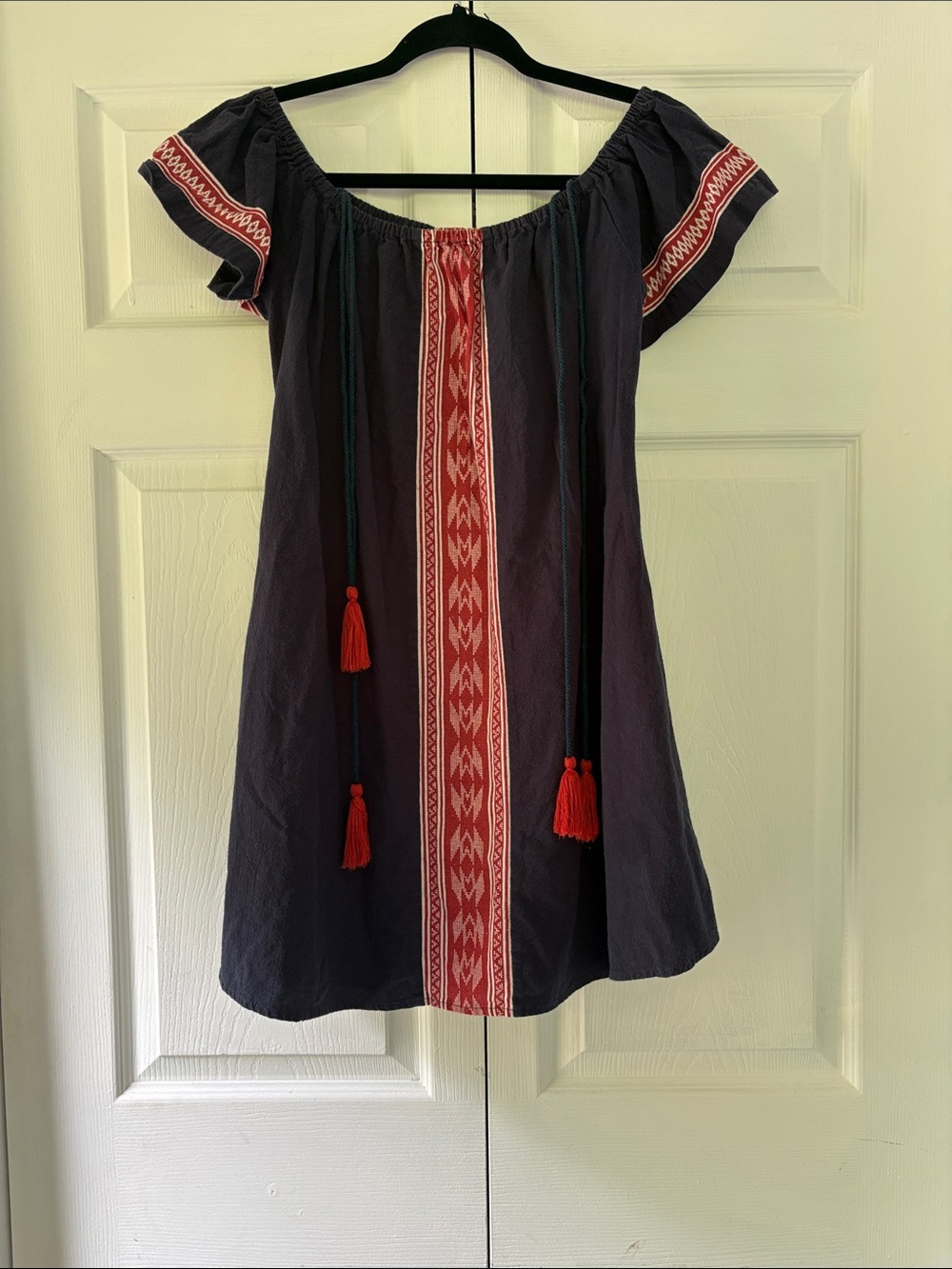 THML Navy Off-Shoulder Dress with Red Embroidered Trim S